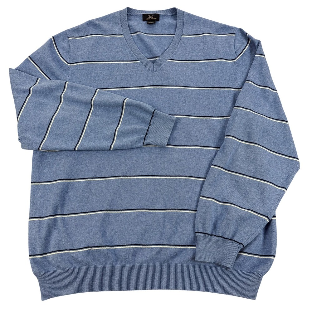Brooks Brothers Sweater Mens 2XL Blue Stripe 346 V Neck Cotton Knit Pullover